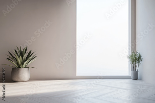 Minimalist tranquil room with a large window filling the room with natural light and minimal furniture or decor.