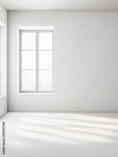 Minimalist tranquil room with a large window filling the room with natural light and minimal furniture or decor.