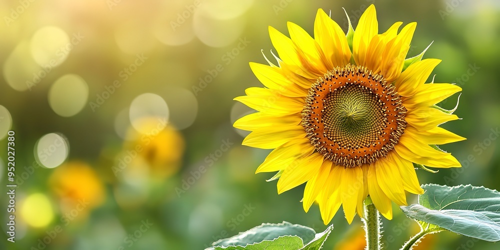 Fototapeta premium Gorgeous vibrant yellow sunflower blooming in garden with copy space image