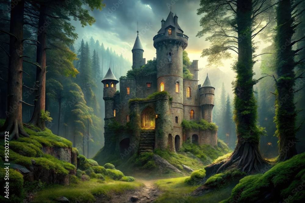 Obraz premium crumbling castle dark forest lost soul ancient secrets