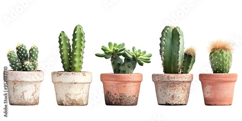 Collection of ric rac mini cactus plant on terracotta pot cutout isolated on white background  photo