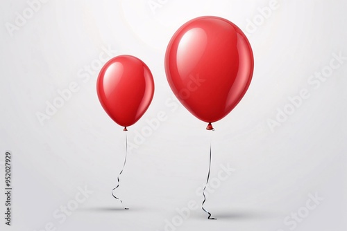 Two red balloons with black ribbons on a white background.