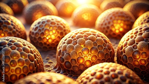A close-up, macro shot of brown adipose tissue cells, bathed in warm, golden light and set against a soft