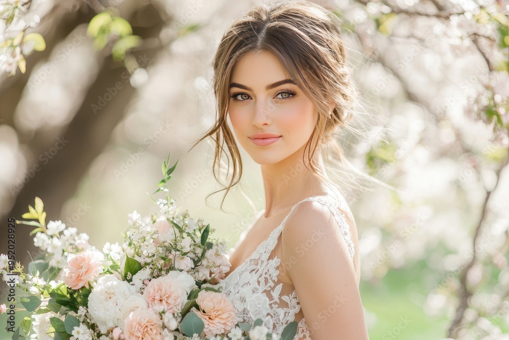 A spring bride holds a bouquet of cherry blossoms among blossoming trees A spring bride holds a bouquet of cherry blossoms among blossoming trees