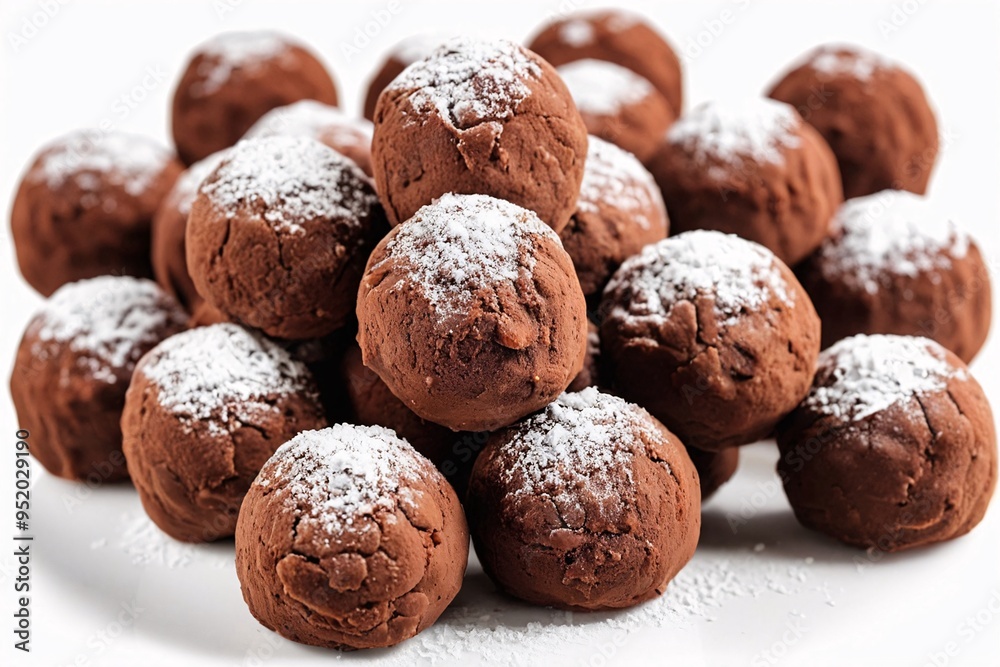 Close-up of chocolate truffles dusted with powdered sugar. Close-up of chocolate truffles dusted with powdered sugar.