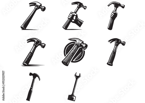 hammer logo vector silhouette design, hand gripping a hammer vector silhouette, set of head tools, hammer vector, Hammer Silhouette, hammer logo template vector illustration design