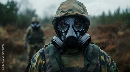 Soldier Wearing Gas Mask in Camouflage Uniform