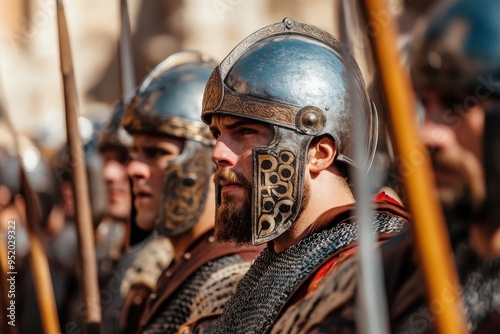 A group of soldiers in close formation, donning medieval armor and helmets, stand ready for battle with spears. The scene appears martial and historic. photo