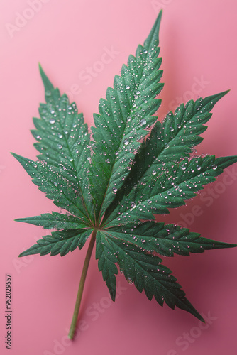 A cannabis leaf with droplets of morning dew, isolated on a pastel pink background,
