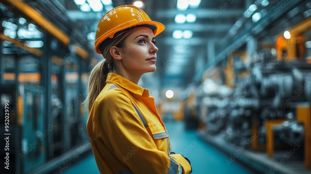 Focused Determination: A female engineer in a yellow hard hat and workwear stands confidently in a modern industrial setting, her gaze focused on the horizon. She embodies strength, resilience, and a Focused Determination: A female engineer in a yellow hard hat and workwear stands confidently in a modern industrial setting, her gaze focused on the horizon. She embodies strength, resilience, and a