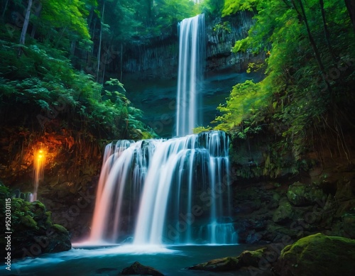 Fantasy of neon waterfall in deep forest. Glowing colorful look like fairytale. Ai generated image