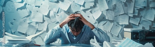Man sitting at a desk with papers all over him, overworked person