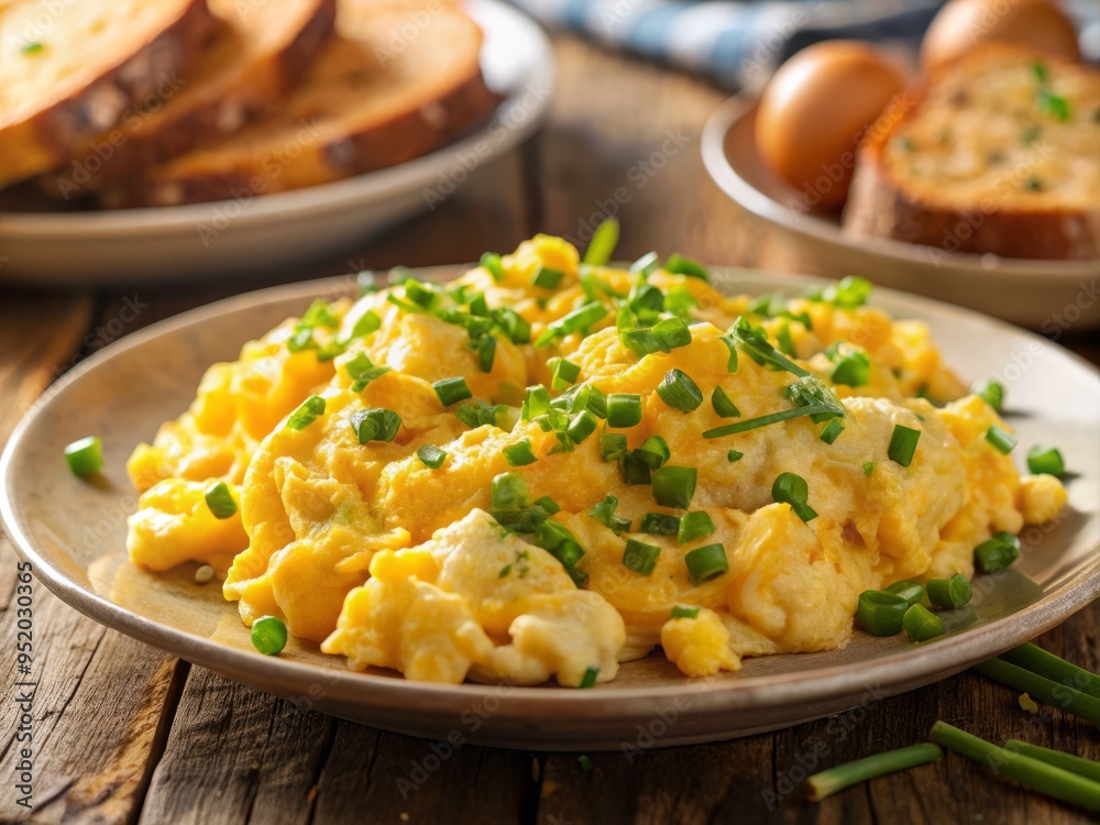 A stunning close-up shot of a plate of scrambled eggs, emphasizing the gooey yolks and fluffy whites, with a sprinkle of chopped chives and a side of whole-grain toast A stunning close-up shot of a plate of scrambled eggs, emphasizing the gooey yolks and fluffy whites, with a sprinkle of chopped chives and a side of whole-grain toast