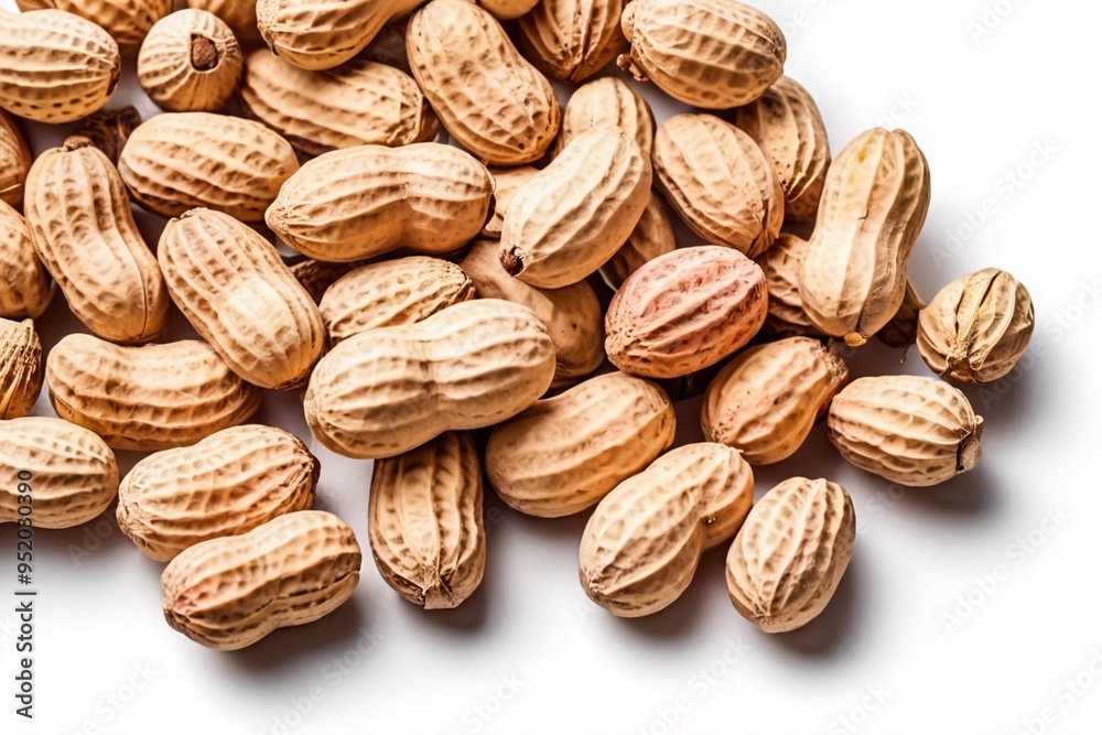 Close-up of peanuts in their shells scattered on a white background. Close-up of peanuts in their shells scattered on a white background.
