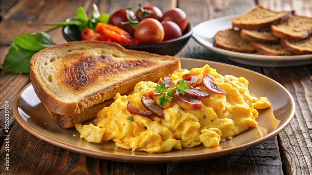 Fototapeta premium A warm and inviting photograph of a hearty breakfast plate, featuring scrambled eggs, crispy bacon, and whole-grain toast