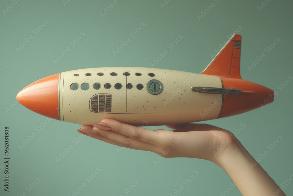 Fototapeta premium A hand holding a small model of a spacecraft, isolated on a pastel green background,