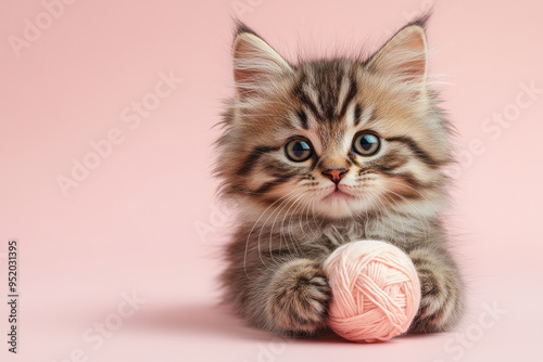 A fluffy kitten playing with a ball of yarn, isolated on a soft pastel pink background, photo