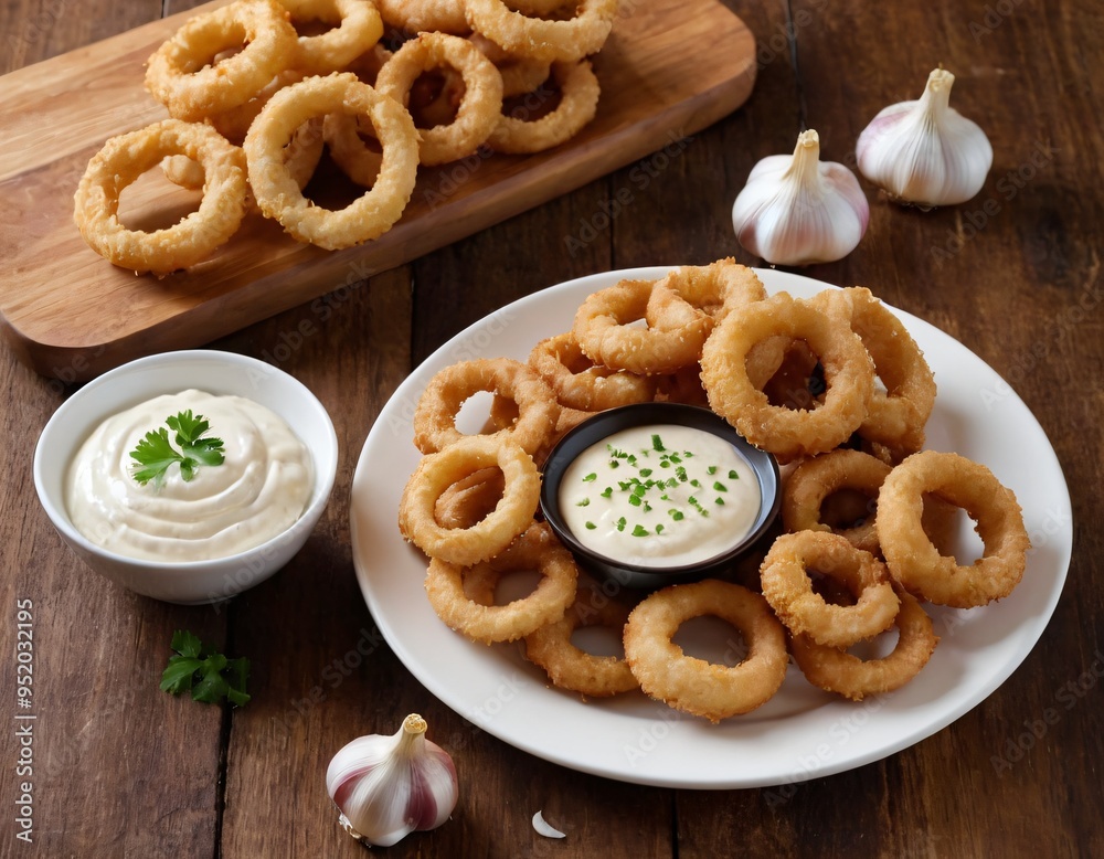 plate of fried onion rings and garlic sauce on wooden kitchen table background, top view. Ai generated image plate of fried onion rings and garlic sauce on wooden kitchen table background, top view. Ai generated image