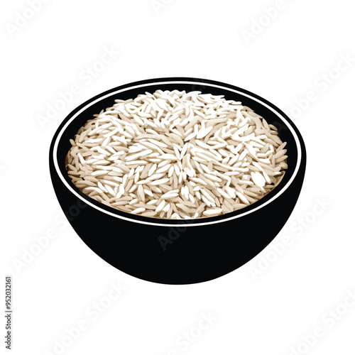 jasmine rice in wooden bowl, vector silhouette clipart, isolated on white background. 