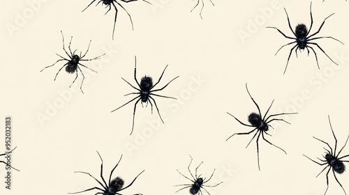 Spooky Spider Web Pattern: A whimsical and eerie background pattern of black spiders scattered across a beige canvas, evoking the chilling atmosphere of a haunted house or Halloween celebration. 
