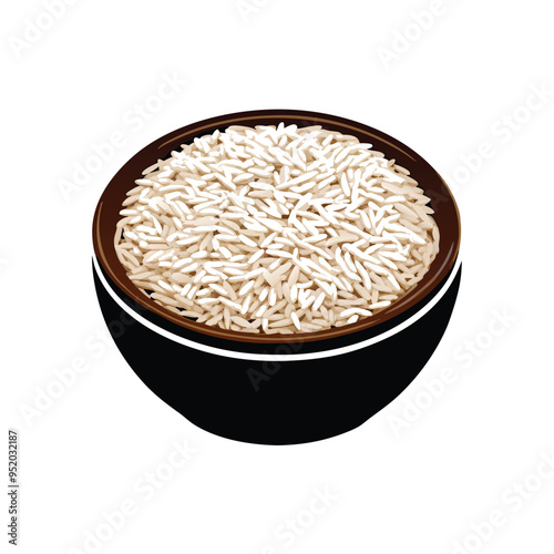 jasmine rice in wooden bowl, vector silhouette clipart, isolated on white background. 