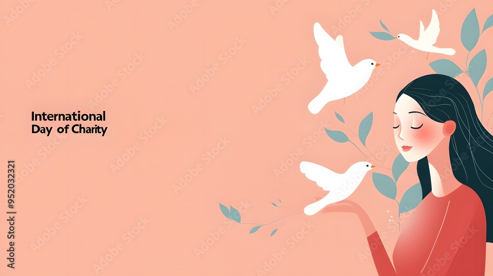 Woman with Doves and Leaves Illustration International Day of Charity Woman with Doves and Leaves Illustration International Day of Charity