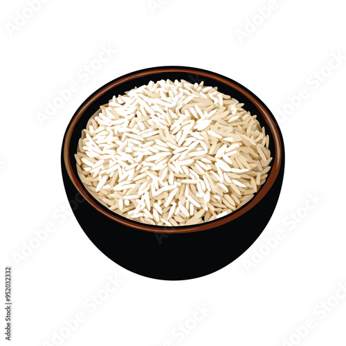 jasmine rice in wooden bowl, vector silhouette clipart, isolated on white background. 
