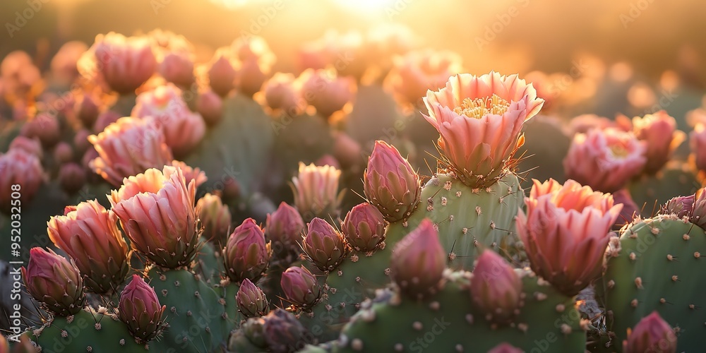 Editorial Photography capturing a field of cacti in full bloom during sunrise, close-up Editorial Photography capturing a field of cacti in full bloom during sunrise, close-up