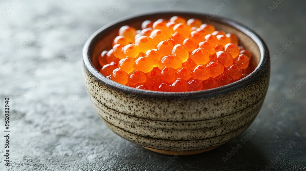 A detailed shot of salmon roe (ikura) in a small bowl, with the bright orange pearls glistening, emphasizing the luxurious and flavorful aspect of the ingredient. A detailed shot of salmon roe (ikura) in a small bowl, with the bright orange pearls glistening, emphasizing the luxurious and flavorful aspect of the ingredient.
