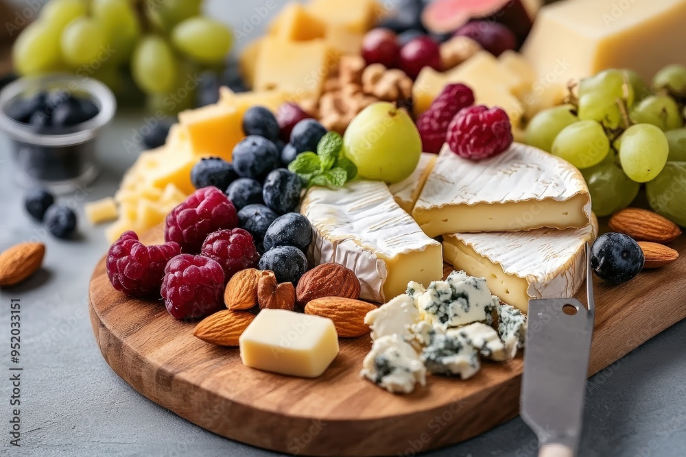 A sumptuous gourmet cheese board featuring a variety of cheeses, fresh fruits, nuts, and herbs, artfully arranged to create an appetizing and visually stunning display perfect for any occasion. A sumptuous gourmet cheese board featuring a variety of cheeses, fresh fruits, nuts, and herbs, artfully arranged to create an appetizing and visually stunning display perfect for any occasion.