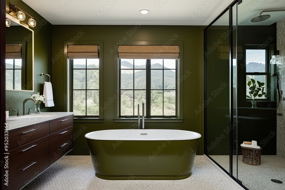 Fototapeta premium Trendy Olive Green Bathroom Retreat with Deep Soaking Tub and Sleek Furnishings