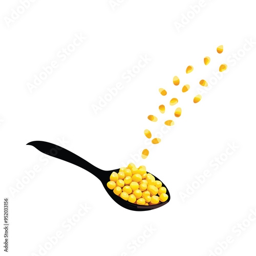 sweet corn seeds suspended in mid-air above a black spoon vector art silhouette, 