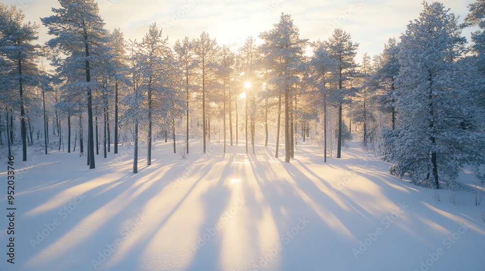 Naklejka premium A serene winter landscape with snow-covered trees casting long shadows on the pristine white snow.