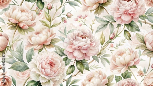 Soft Blush Blooms - Delicate peonies in soft blush hues blend with swirling abstract patterns on a crisp white background, creating a romantic seamless design for fashion textiles.