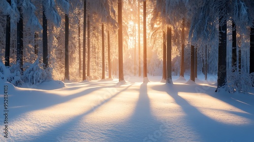 A magical winter wonderland scene with tall snow-covered trees casting long shadows on a pristine white blanket of snow.