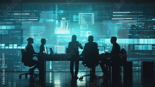 Silhouettes of four people in a meeting room with a large screen displaying a digital interface.