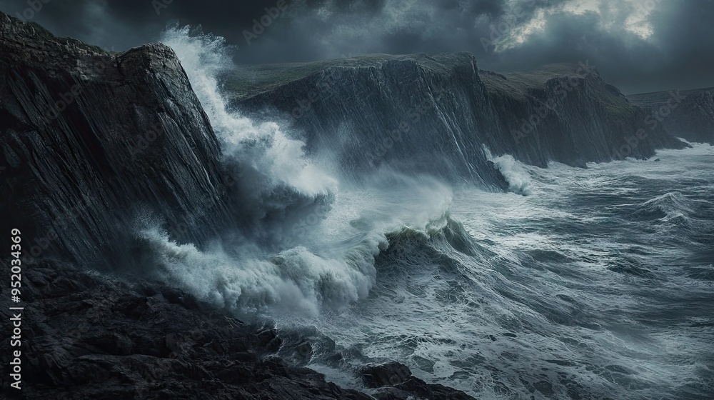 A dramatic shot of massive ocean waves crashing against rocky cliffs during a storm, with dark, stormy skies overhead and spray filling the air. A dramatic shot of massive ocean waves crashing against rocky cliffs during a storm, with dark, stormy skies overhead and spray filling the air.
