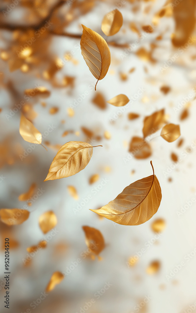 Golden autumn leaves falling from a tree with few leaves on it, a close up view of a falling gold leaf, minimalism Golden autumn leaves falling from a tree with few leaves on it, a close up view of a falling gold leaf, minimalism