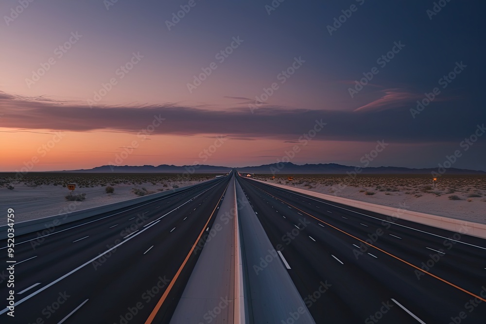 Fototapeta premium Isolated Desert Highway Scene at Dusk with Lanes and Stretching Skies