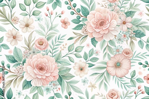 Wallpaper Mural Illustrate a mesmerizing, abstract floral pattern featuring delicate blush and mint flowers, blending intricately on a pure white background for a dreamy atmosphere. Torontodigital.ca