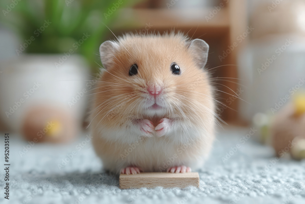 A hamster climbing a small wooden ladder inside its cage, isolated on a pastel blue background,