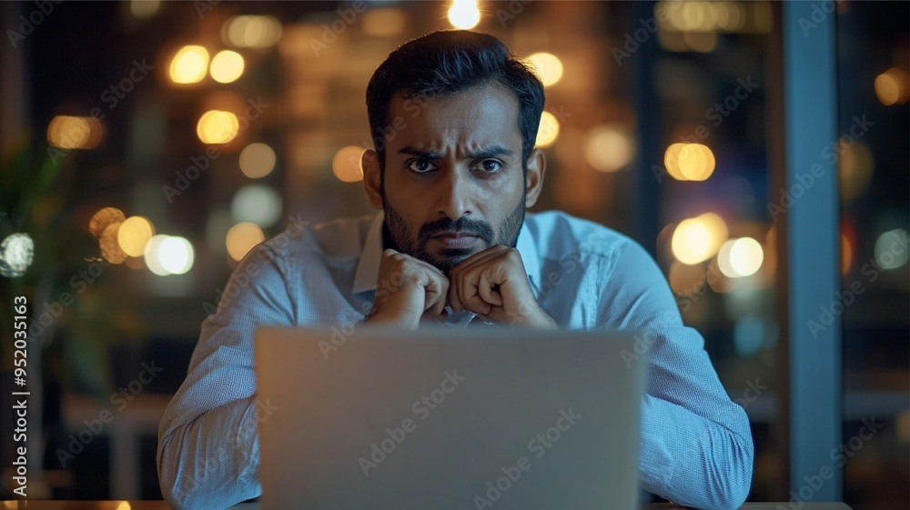 A serious and concentrated Indian businessman staring at a laptop screen, deeply engaged in pondering a business issue or startup plan. The image conveys focus and determination, capturing the intensi A serious and concentrated Indian businessman staring at a laptop screen, deeply engaged in pondering a business issue or startup plan. The image conveys focus and determination, capturing the intensi