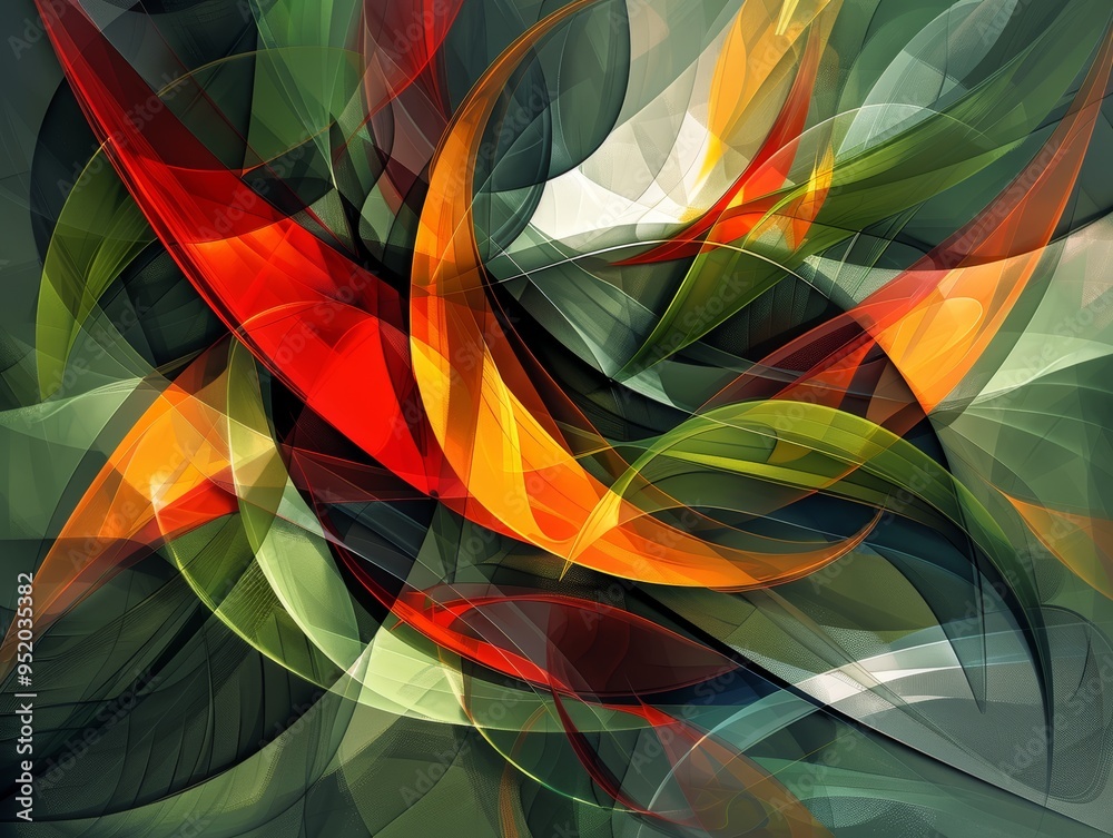 Obraz premium Abstract painting with vibrant red, orange, and green hues, creating a dynamic and layered composition.