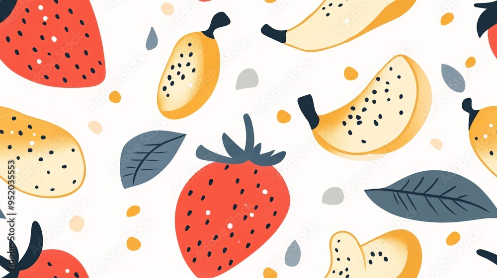 Fruity Delight: A vibrant and playful seamless pattern featuring juicy strawberries and ripe bananas, perfect for adding a touch of cheerful energy to any design project. Fruity Delight: A vibrant and playful seamless pattern featuring juicy strawberries and ripe bananas, perfect for adding a touch of cheerful energy to any design project.