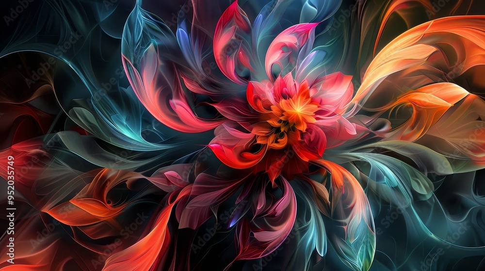 Abstract swirl of vibrant colors in a dark background, resembling a blooming flower. Abstract swirl of vibrant colors in a dark background, resembling a blooming flower.