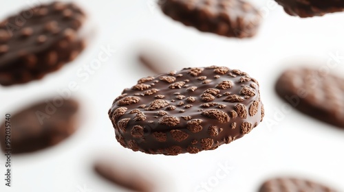 Delectable 3D Chocolate-Covered Wafer Biscuits Soaring in Mid-Air on White Background