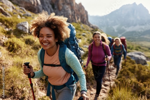 A diverse group of friends happily hiking on a rocky mountain trail, with stunning landscapes in the background, demonstrating outdoor adventure and camaraderie. photo