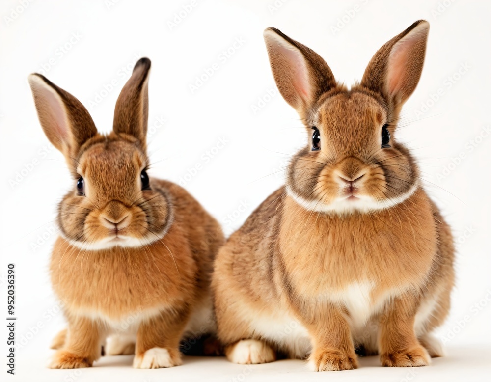Adorable baby rabbit bunnies brown looking at something sitting over isolated white background. Puppy lovely furry infant brown bunny ears rabbit playful with copy space. Ai generated image.