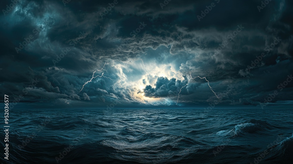 Fototapeta premium A panoramic view of a stormy sea with lightning illuminating the dark clouds, creating a dramatic and electrifying contrast between the storm and the ocean