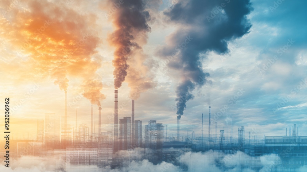 Industrial cityscape with polluting chimneys. Climate change impact visualization. Low carbon transition concept. Design for environmental awareness and pollution reduction campaigns Industrial cityscape with polluting chimneys. Climate change impact visualization. Low carbon transition concept. Design for environmental awareness and pollution reduction campaigns